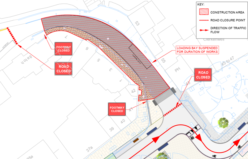 Diagram shows the location of the works and the closures that will be in place on Clerkenwell Green