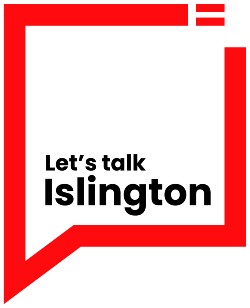 Red speech bubble outline with text inside that reads 'Let's talk Islington'