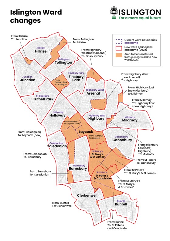 Map of new ward boundaries in Islington from 5 May 2022