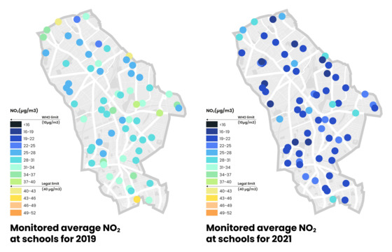 Image showing air quality data at Islington schools in 2019 and 2021