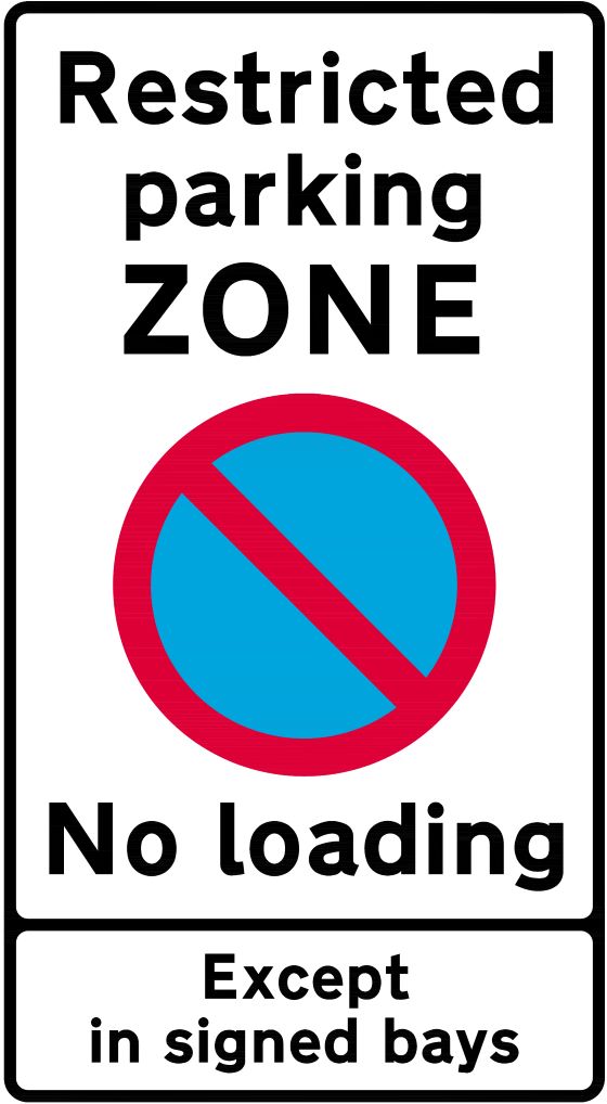 Restricted parking zone sign with a red crossed-through circle on blue stating "No loading except in signed bays".