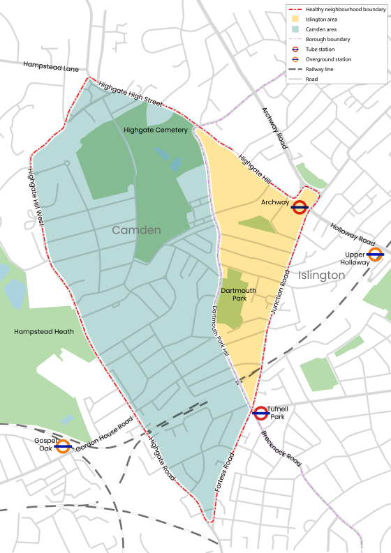 Map of proposed Dartmouth Park Healthy Neighbourhood area bordered by Highgate High Street and Highgate Hill, Junction Road to where Fortess Road and Highgate Road meet