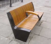 A metal frame bench with wooden slats