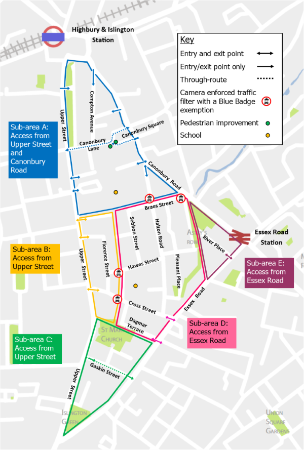 Map showing the boundaries and sub-cells of the St. Mary’s Church low traffic neighbourhood. Map shows the four camera-enforced traffic filters in the area and entry and exit points into the various sub areas. Map indicates which roads form through routes through the low traffic neighbourhood