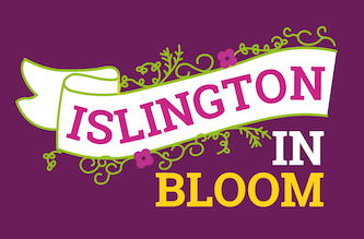 A banner surrounded by flowers and leaves. 'Islington in bloom'