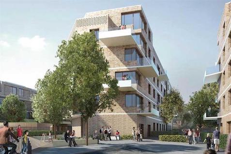 New 3D Affordable housing plans surround by families on a sunny day