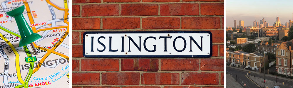A montage featuring a map of Islington, a sign that says "Islington" and an aerial view of tall buildings and rooftops.