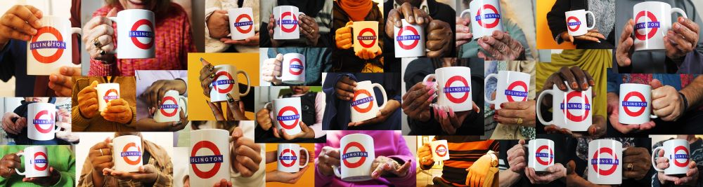 Collage of hands holding mugs of tea with 'Islington' written on the Tube logo, a red circle and blue line through the middle
