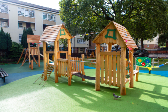 Brand new wooden play equipment installed on the holly park estate